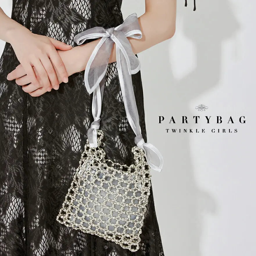 オーガンジーリボン付きビーズバッグ パーティーバッグ 結婚式 バッグ パーティーバッグ レディース 春夏 お呼ばれ/パーティ/リボン/オーガンジー/キラキラ/ビーズ/2WAY パーティードレス通販TwinkleGIrls