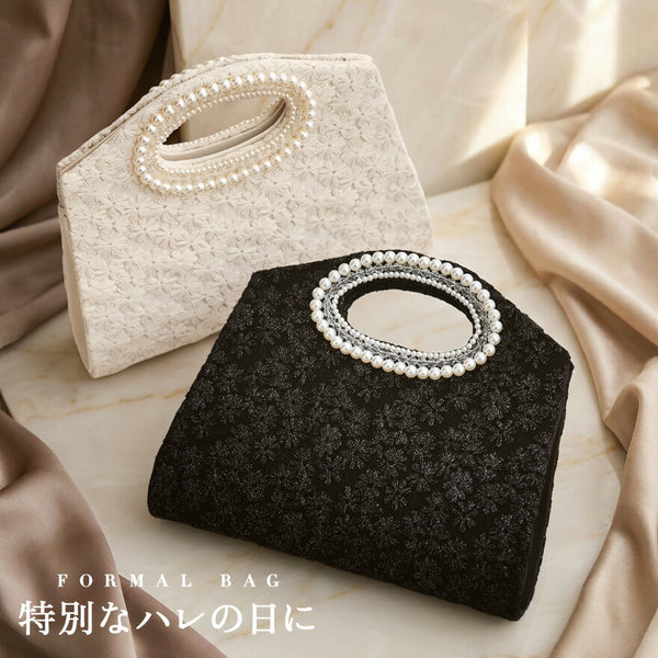 パールハンドル 刺繍オーガンジー 2WAYパーティーバッグ