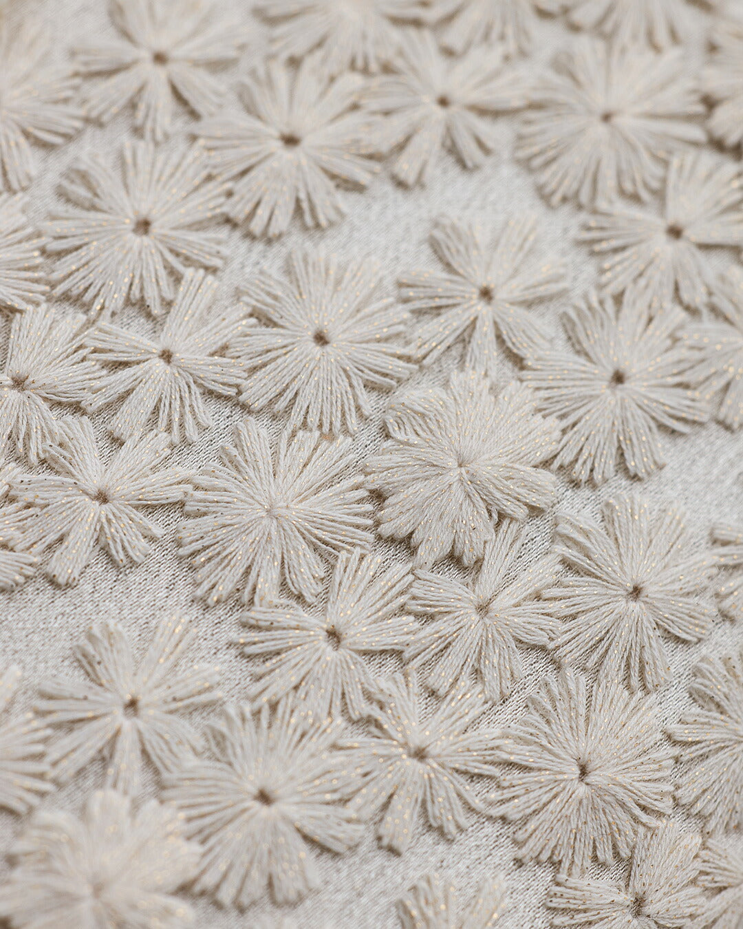 繊細な花柄刺繍と透け感のあるオーガンジー生地のアップディテール ベージュ