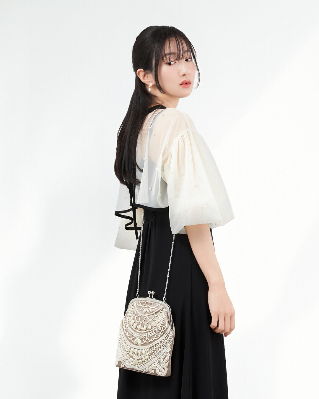 パーティーバッグ 結婚式 バッグ お呼ばれ フォーマルバッグ レース/パール/上品 ベージュ/グレー/オーク