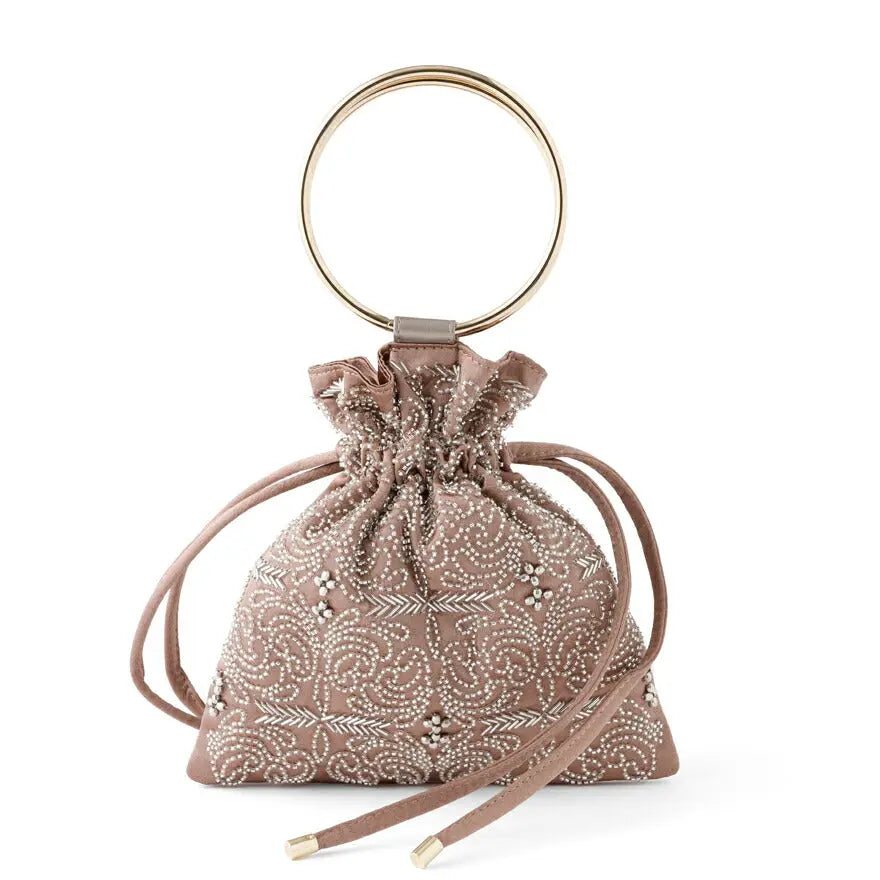 リングハンドル刺繍巾着バッグ パーティーバッグ 結婚式 バッグ レディース 春夏 お呼ばれ/パーティ/リボン/オーガンジー/キラキラ/ビーズ/2WAY パーティードレス通販TwinkleGIrls