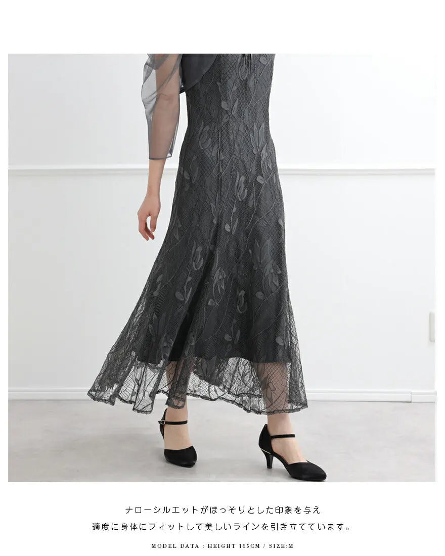 ドレスパーティードレス結婚式ワンピースお呼ばれロング春夏フォーマルプリーツパーティーレースロングドレス袖あり大きいサイズ