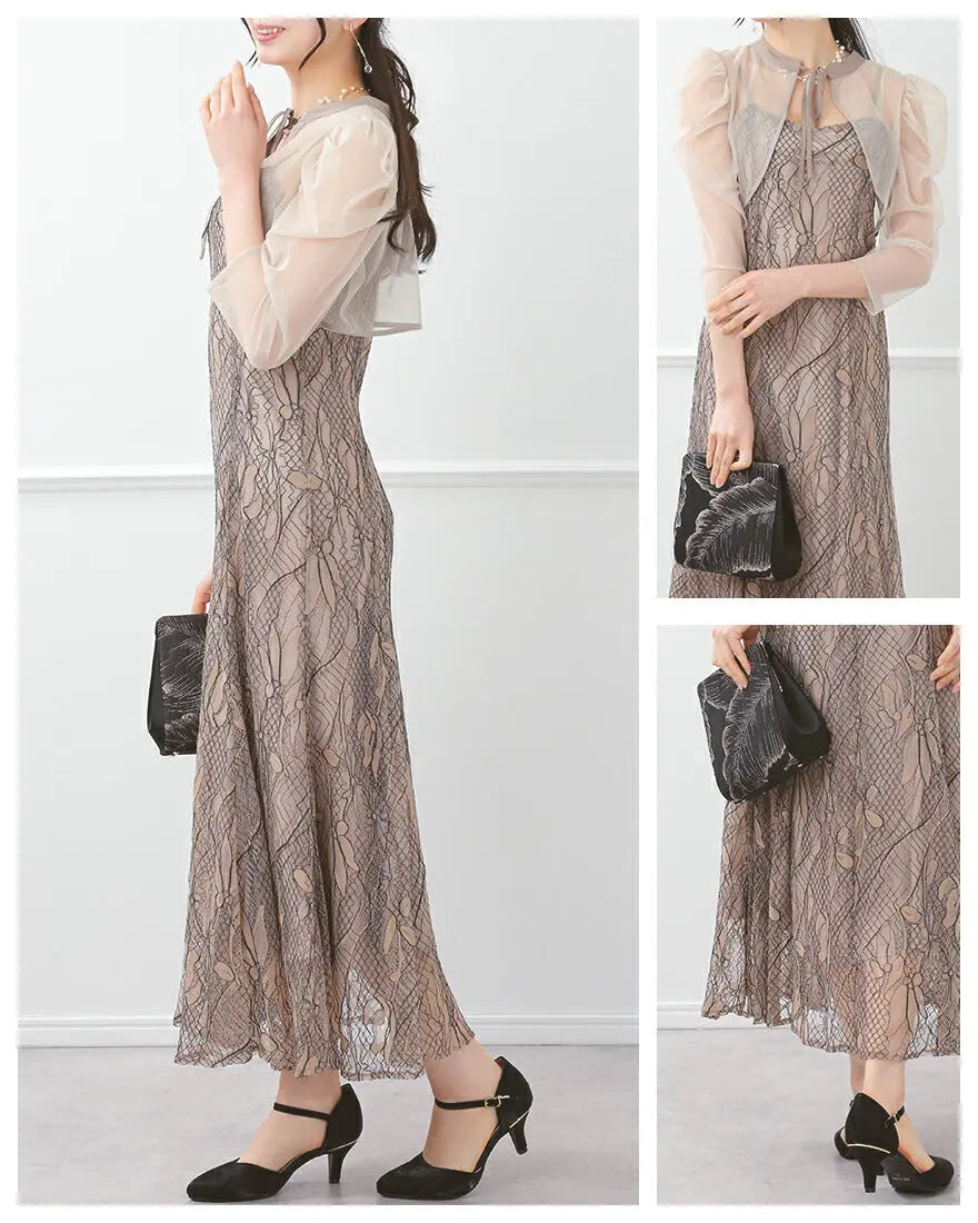 ドレスパーティードレス結婚式ワンピースお呼ばれロング春夏フォーマルプリーツパーティーレースロングドレス袖あり大きいサイズ