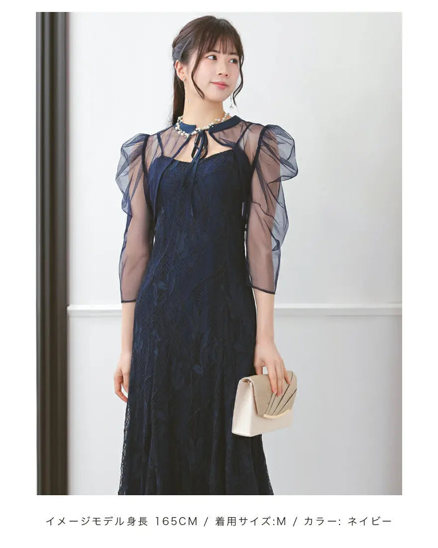 ドレスパーティードレス結婚式ワンピースお呼ばれロング春夏フォーマルプリーツパーティーレースロングドレス袖あり大きいサイズ