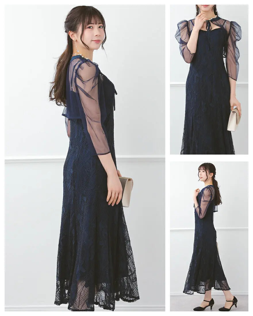 ドレスパーティードレス結婚式ワンピースお呼ばれロング春夏フォーマルプリーツパーティーレースロングドレス袖あり大きいサイズ