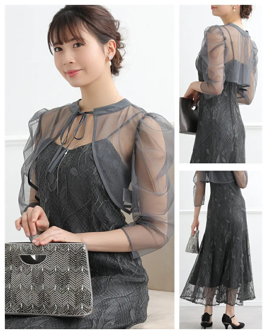 ドレスパーティードレス結婚式ワンピースお呼ばれロング春夏フォーマルプリーツパーティーレースロングドレス袖あり大きいサイズ