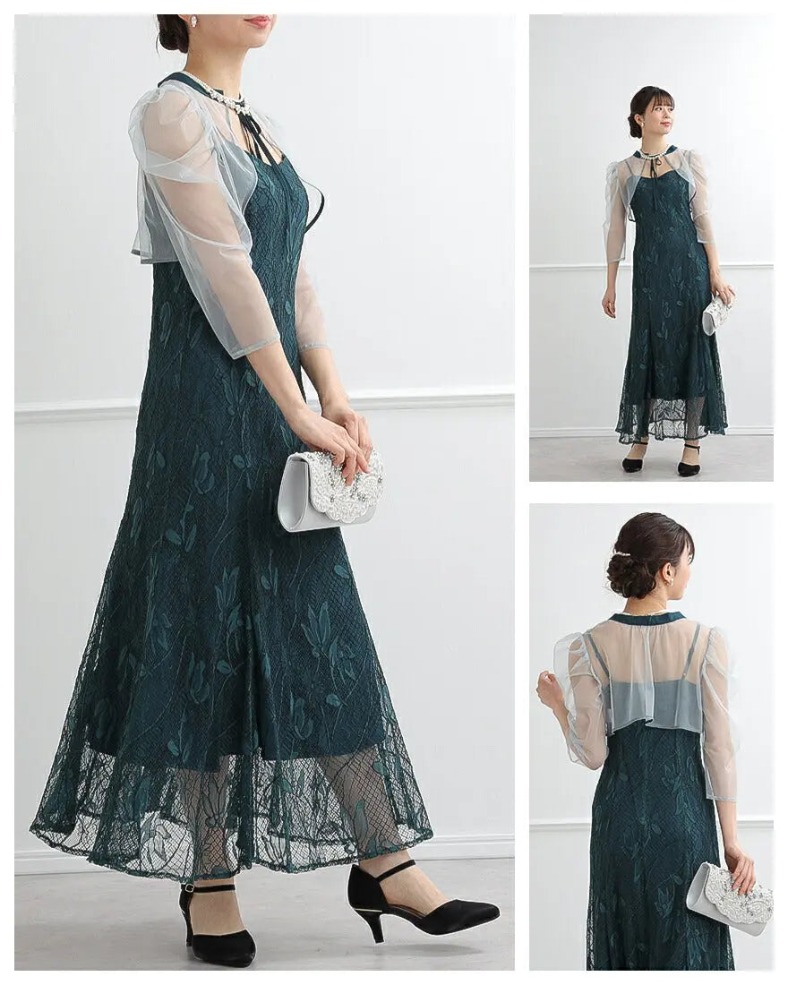 ドレスパーティードレス結婚式ワンピースお呼ばれロング春夏フォーマルプリーツパーティーレースロングドレス袖あり大きいサイズ