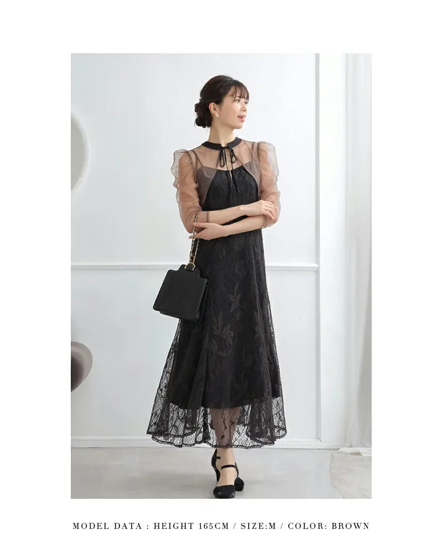 ドレスパーティードレス結婚式ワンピースお呼ばれロング春夏フォーマルプリーツパーティーレースロングドレス袖あり大きいサイズ