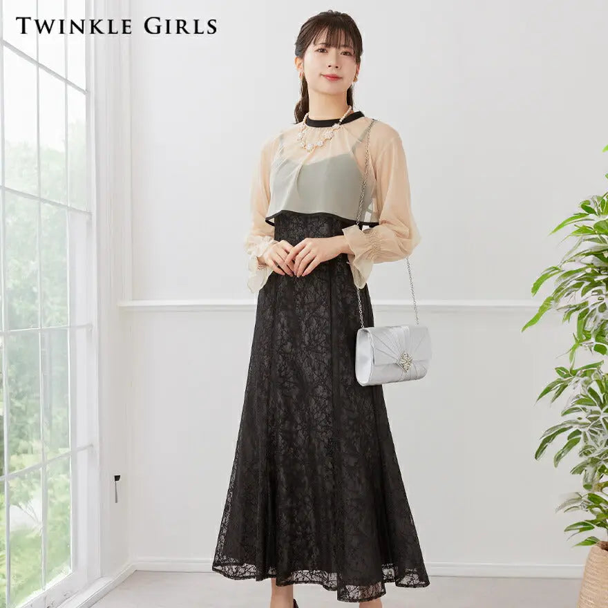 ドレスパーティードレス結婚式ワンピースお呼ばれロング春夏フォーマルプリーツパーティーレースロングドレス袖あり大きいサイズ