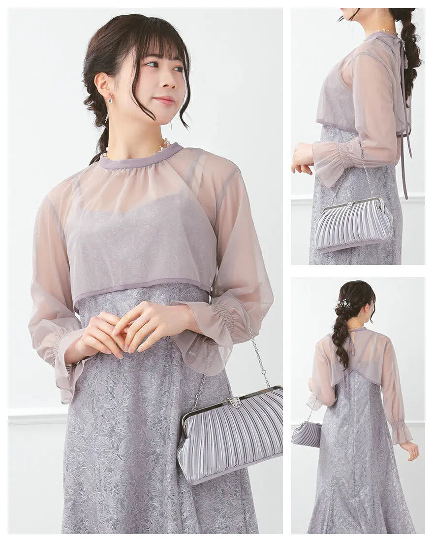 ドレスパーティードレス結婚式ワンピースお呼ばれロング春夏フォーマルプリーツパーティーレースロングドレス袖あり大きいサイズ