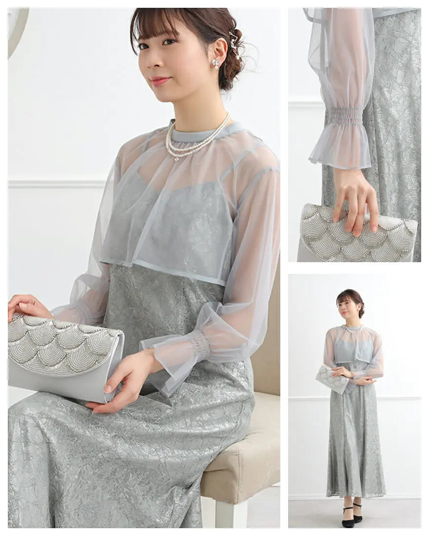 ドレスパーティードレス結婚式ワンピースお呼ばれロング春夏フォーマルプリーツパーティーレースロングドレス袖あり大きいサイズ