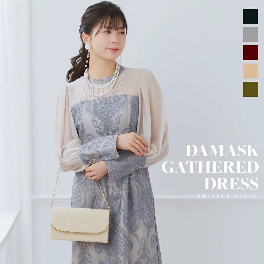 ダマスク柄がシックな印象のドレスワンピース パーティードレス 結婚式 お呼ばれ ワンピース ANDRESD アンドレスド ロング 春夏 フォーマル レース パーティー ロングドレス 袖あり かっこいい 大きいサイズ