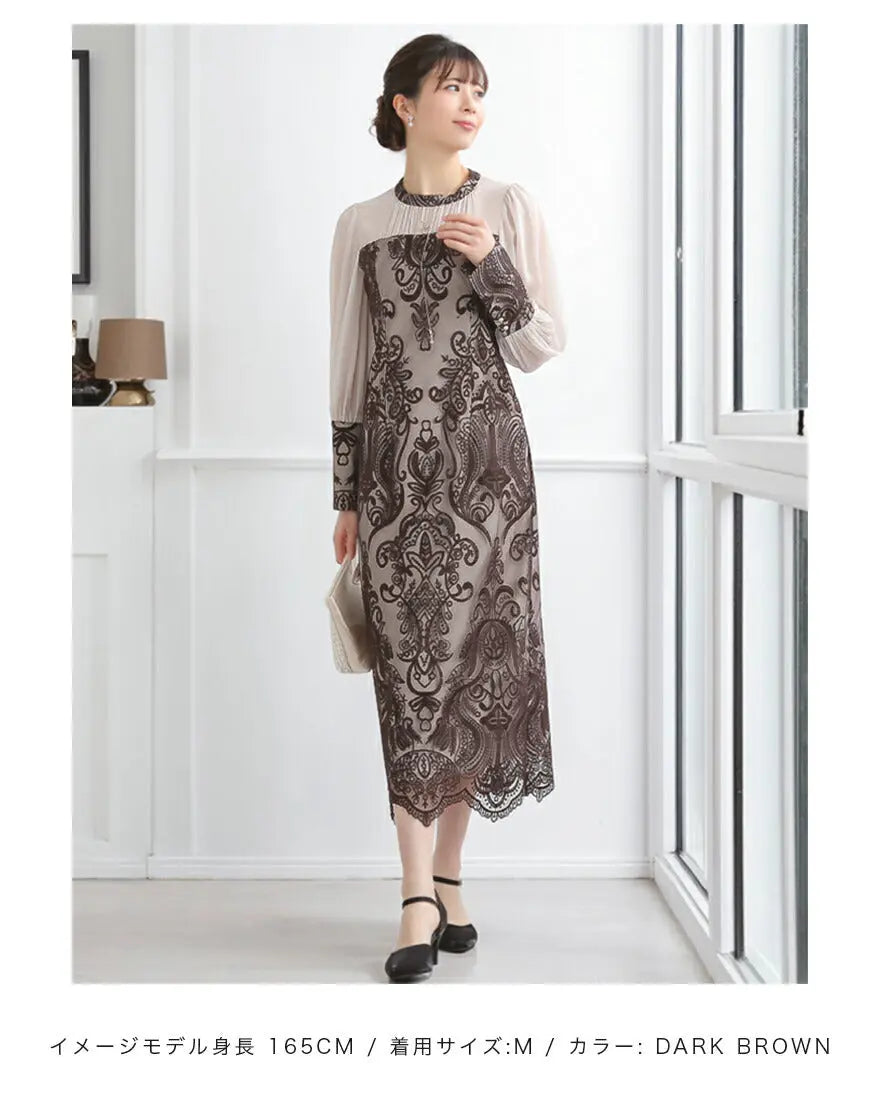 ドレスパーティードレス結婚式ワンピースお呼ばれロング春夏フォーマルプリーツパーティーレースロングドレス袖あり大きいサイズ