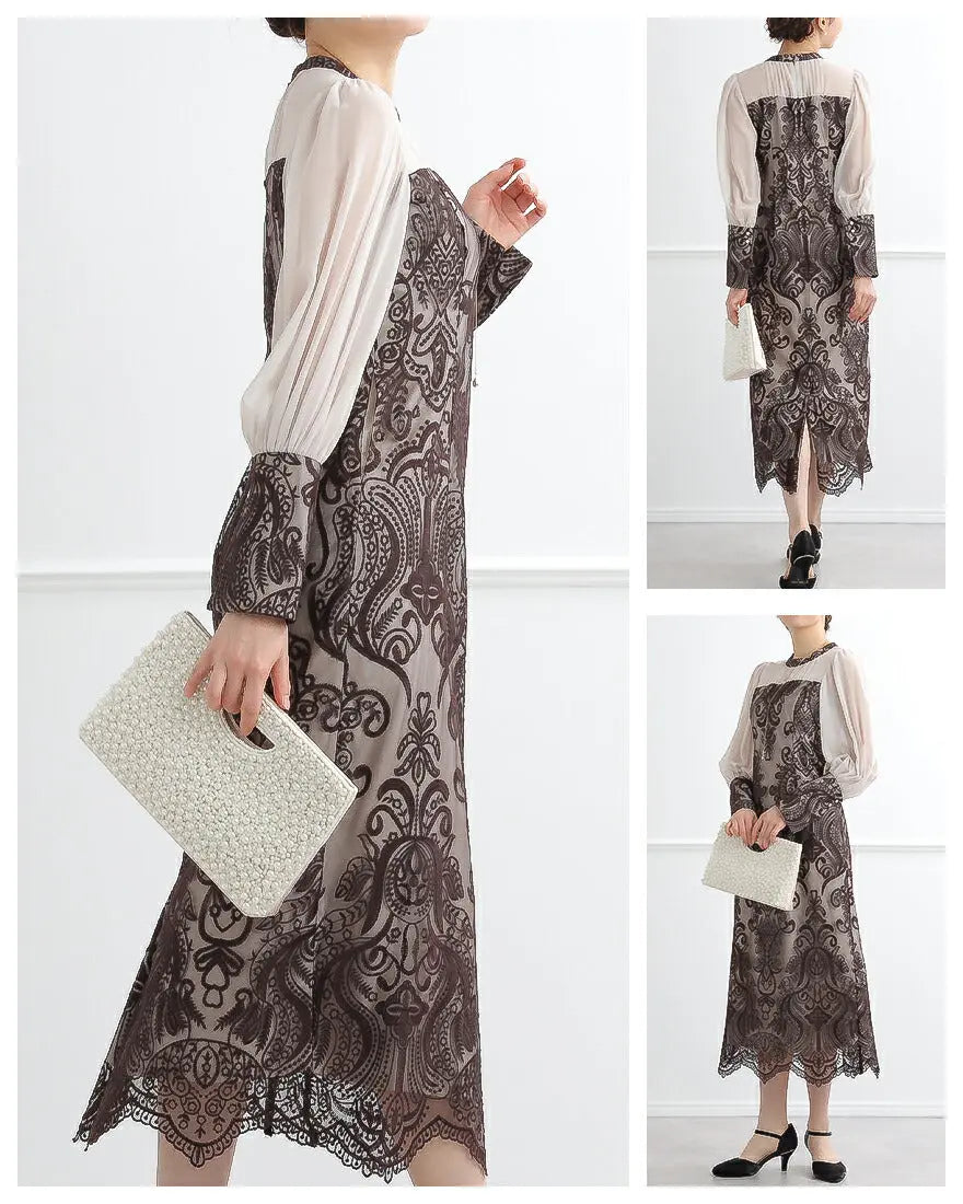 ドレスパーティードレス結婚式ワンピースお呼ばれロング春夏フォーマルプリーツパーティーレースロングドレス袖あり大きいサイズ