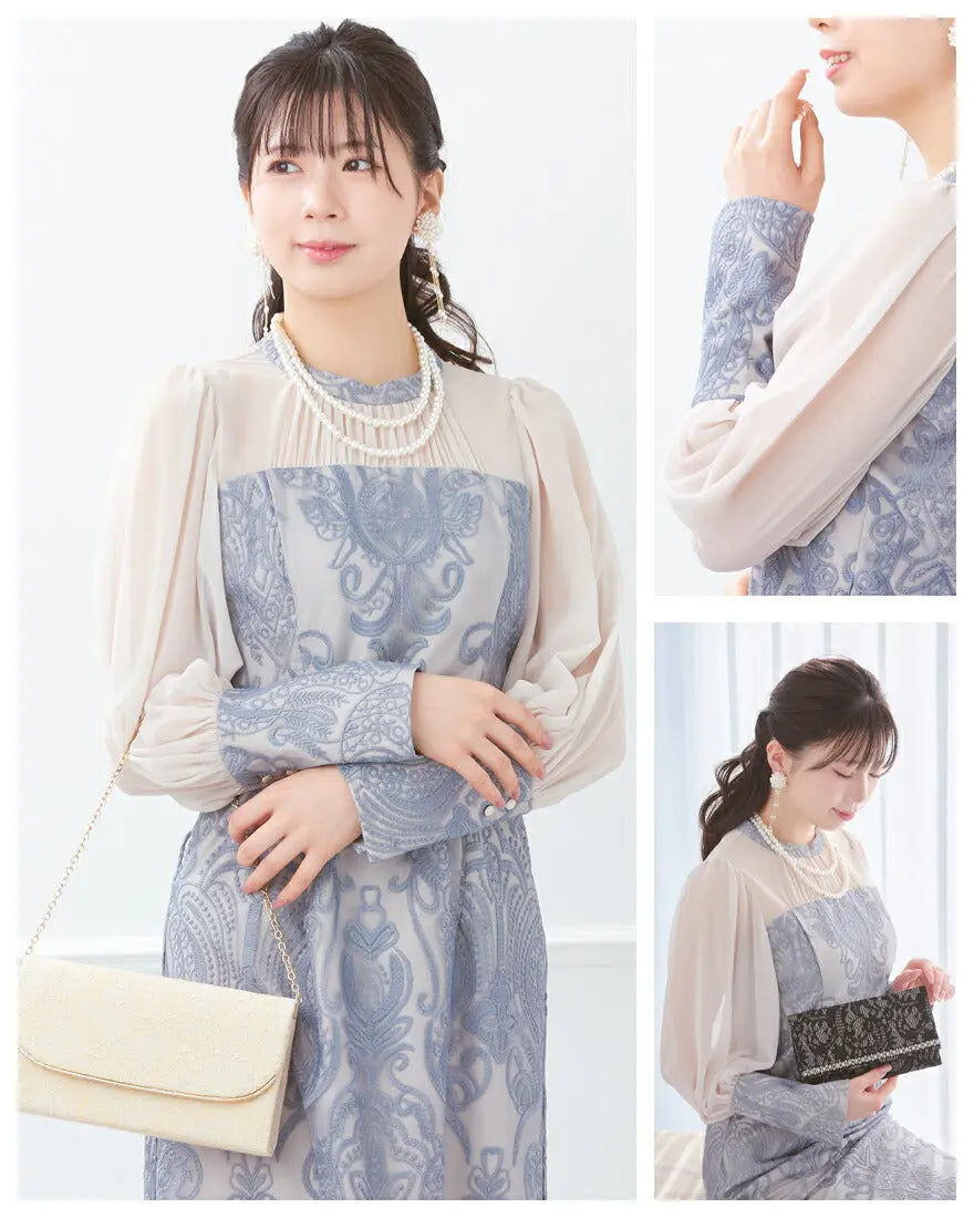 ドレスパーティードレス結婚式ワンピースお呼ばれロング春夏フォーマルプリーツパーティーレースロングドレス袖あり大きいサイズ