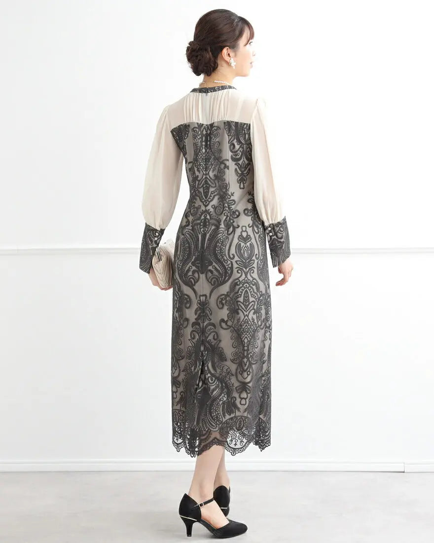 アシンメトリータックドレスパーティードレス結婚式ワンピースANDRESDアンドレスドお呼ばれロング秋冬フォーマルレースパーティーロングドレス袖ありかっこいい大きいサイズ