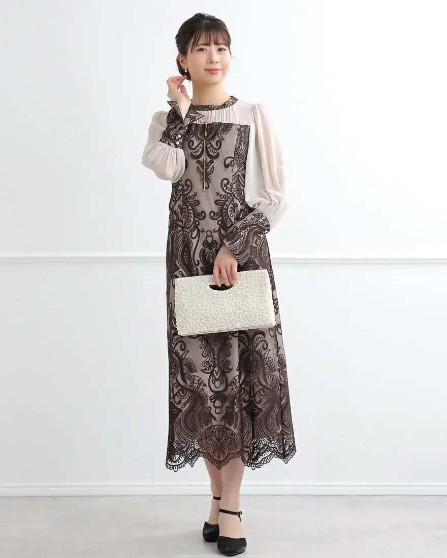 アシンメトリータックドレスパーティードレス結婚式ワンピースANDRESDアンドレスドお呼ばれロング秋冬フォーマルレースパーティーロングドレス袖ありかっこいい大きいサイズ