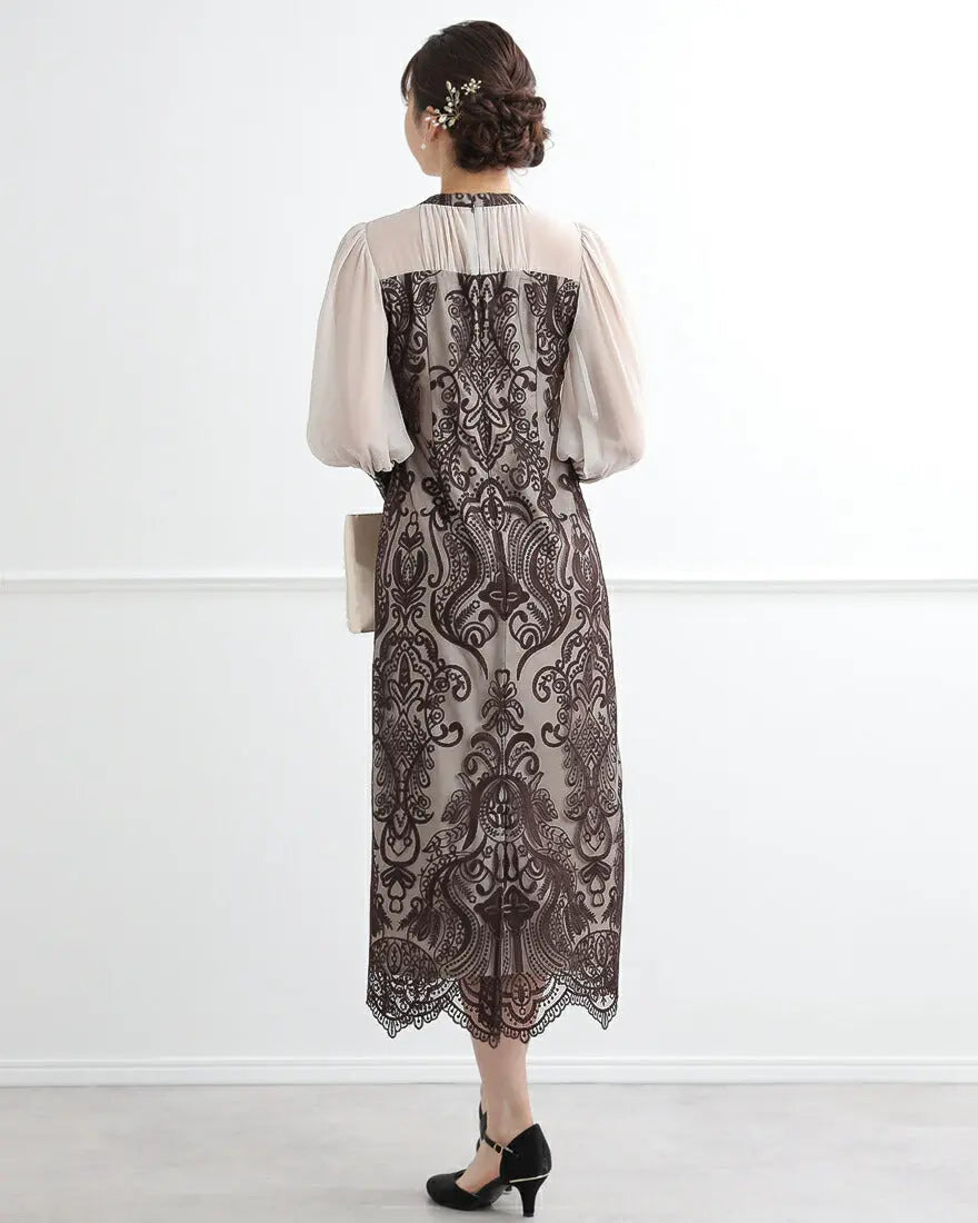 ダマスク柄がシックな印象のドレスワンピースパーティードレス結婚式ワンピースANDRESDアンドレスドお呼ばれロング秋冬フォーマルレースパーティーロングドレス袖ありかっこいい大きいサイズ