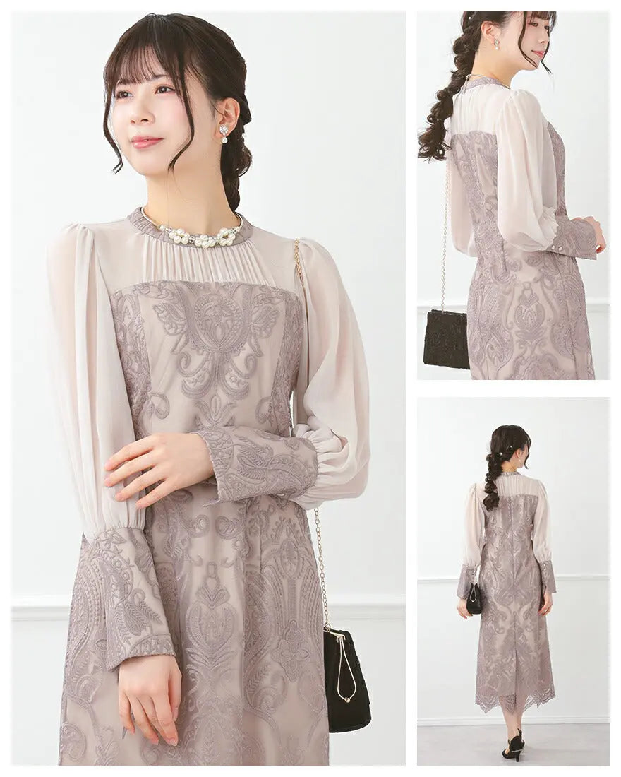 ダマスク柄がシックな印象のドレスワンピースパーティードレス結婚式お呼ばれワンピースANDRESDアンドレスドロング秋冬フォーマルレースパーティーロングドレス袖ありかっこいい大きいサイズ