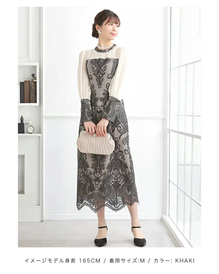 ドレスパーティードレス結婚式ワンピースお呼ばれロング春夏フォーマルプリーツパーティーレースロングドレス袖あり大きいサイズ