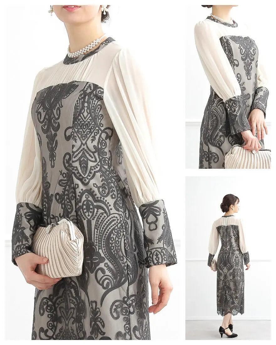 ドレスパーティードレス結婚式ワンピースお呼ばれロング春夏フォーマルプリーツパーティーレースロングドレス袖あり大きいサイズ