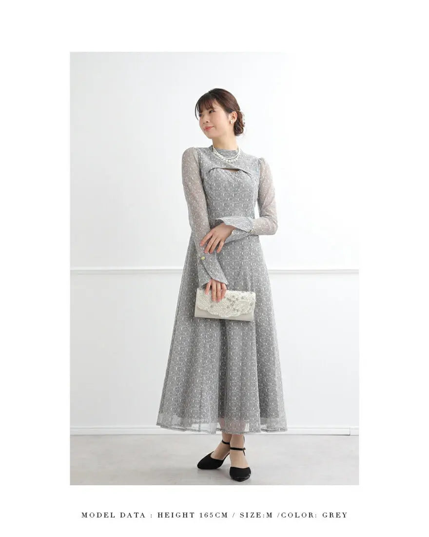 ドレスパーティードレス結婚式ワンピースお呼ばれロング春夏フォーマルプリーツパーティーレースロングドレス袖あり大きいサイズ