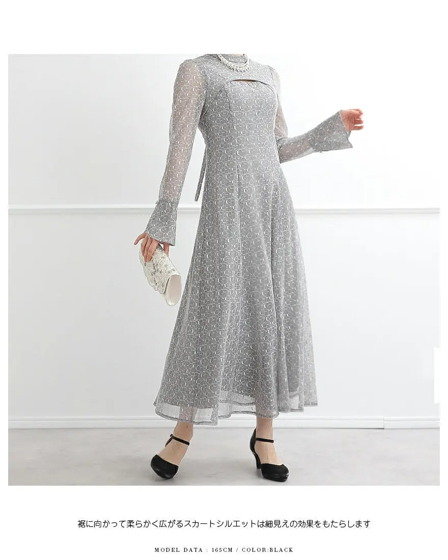 ドレスパーティードレス結婚式ワンピースお呼ばれロング春夏フォーマルプリーツパーティーレースロングドレス袖あり大きいサイズ