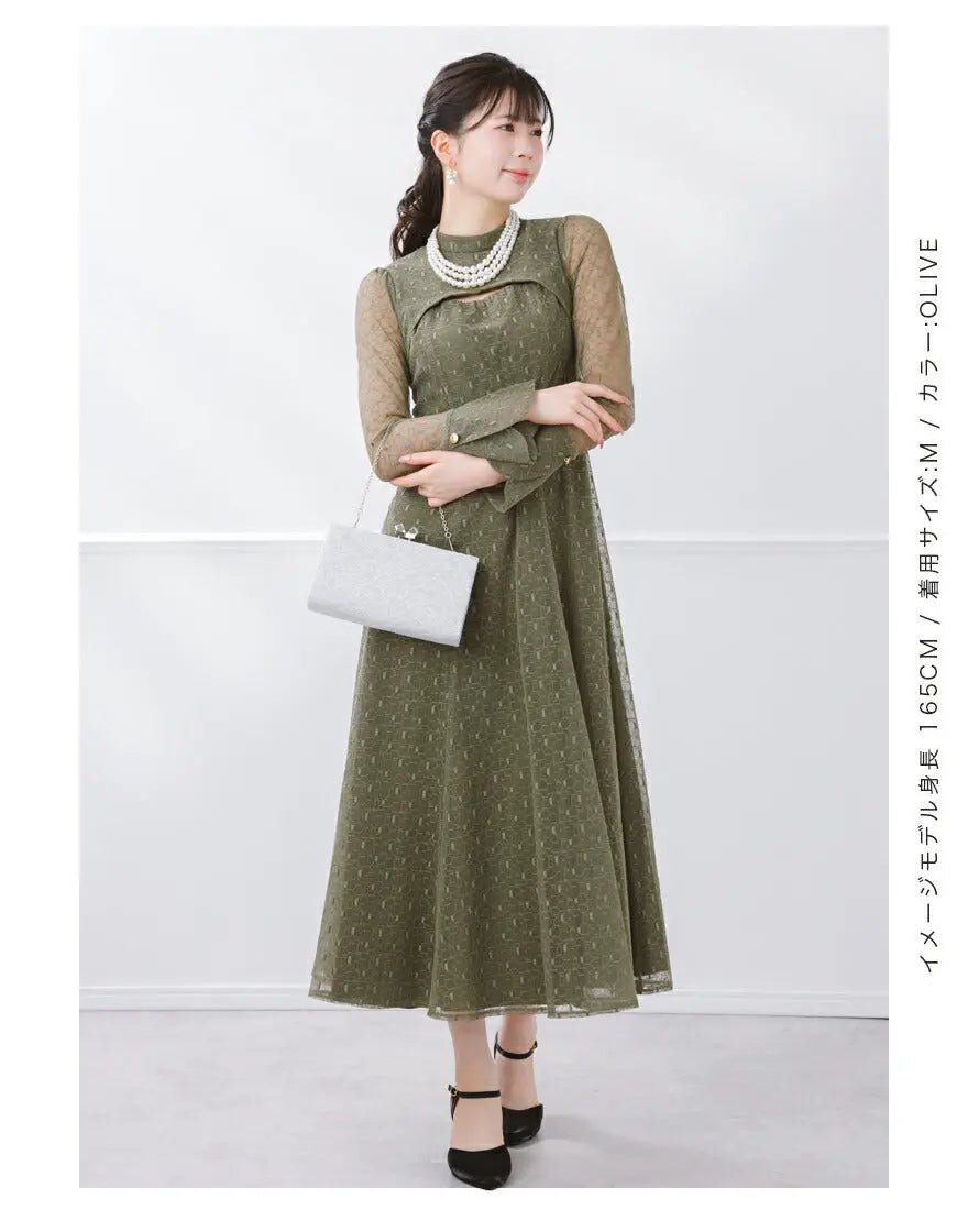 ドレスパーティードレス結婚式ワンピースお呼ばれロング春夏フォーマルプリーツパーティーレースロングドレス袖あり大きいサイズ