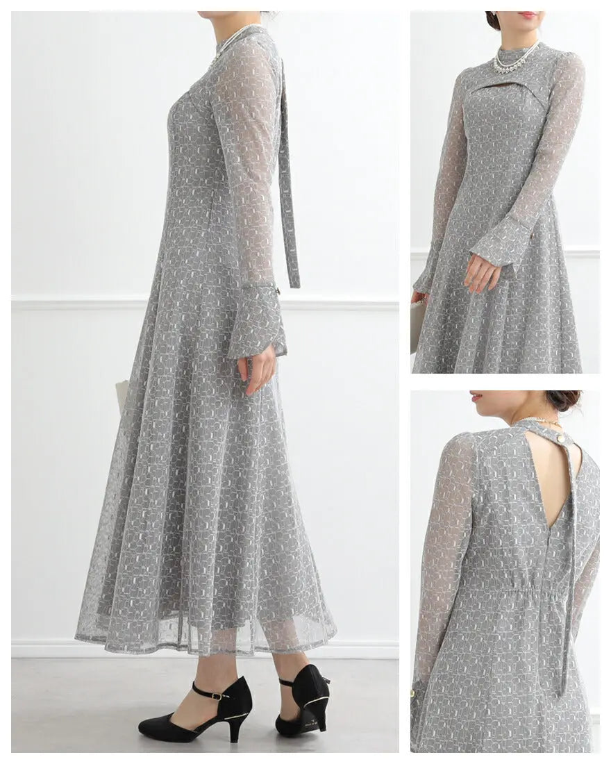 ドレスパーティードレス結婚式ワンピースお呼ばれロング春夏フォーマルプリーツパーティーレースロングドレス袖あり大きいサイズ