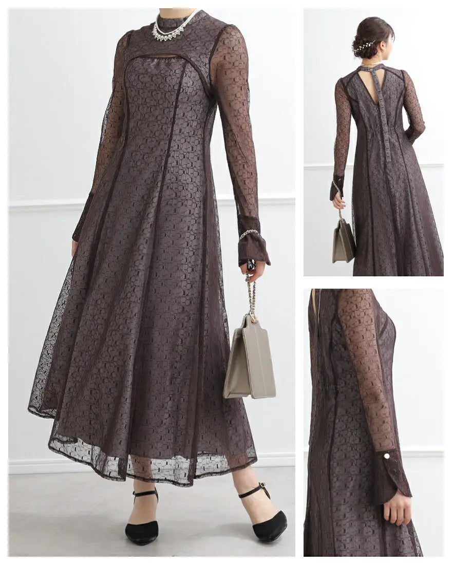 ドレスパーティードレス結婚式ワンピースお呼ばれロング春夏フォーマルプリーツパーティーレースロングドレス袖あり大きいサイズ