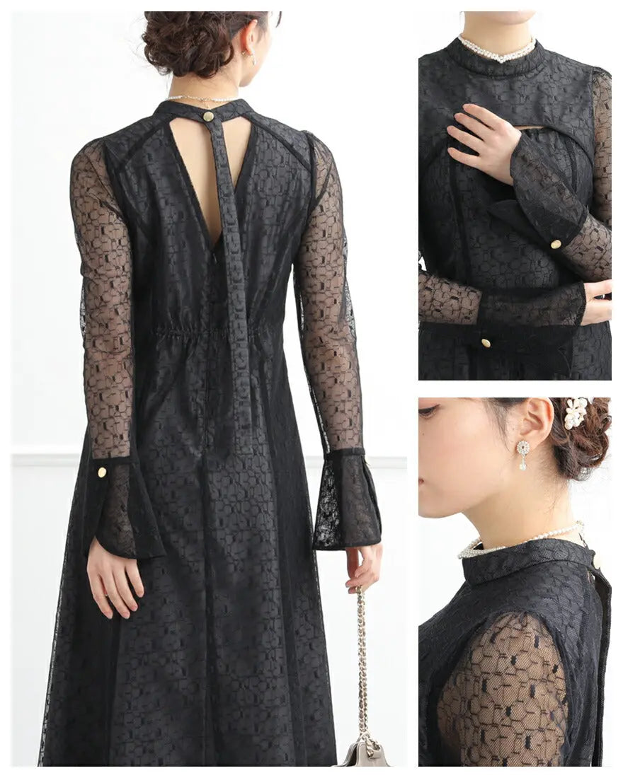 ドレスパーティードレス結婚式ワンピースお呼ばれロング春夏フォーマルプリーツパーティーレースロングドレス袖あり大きいサイズ