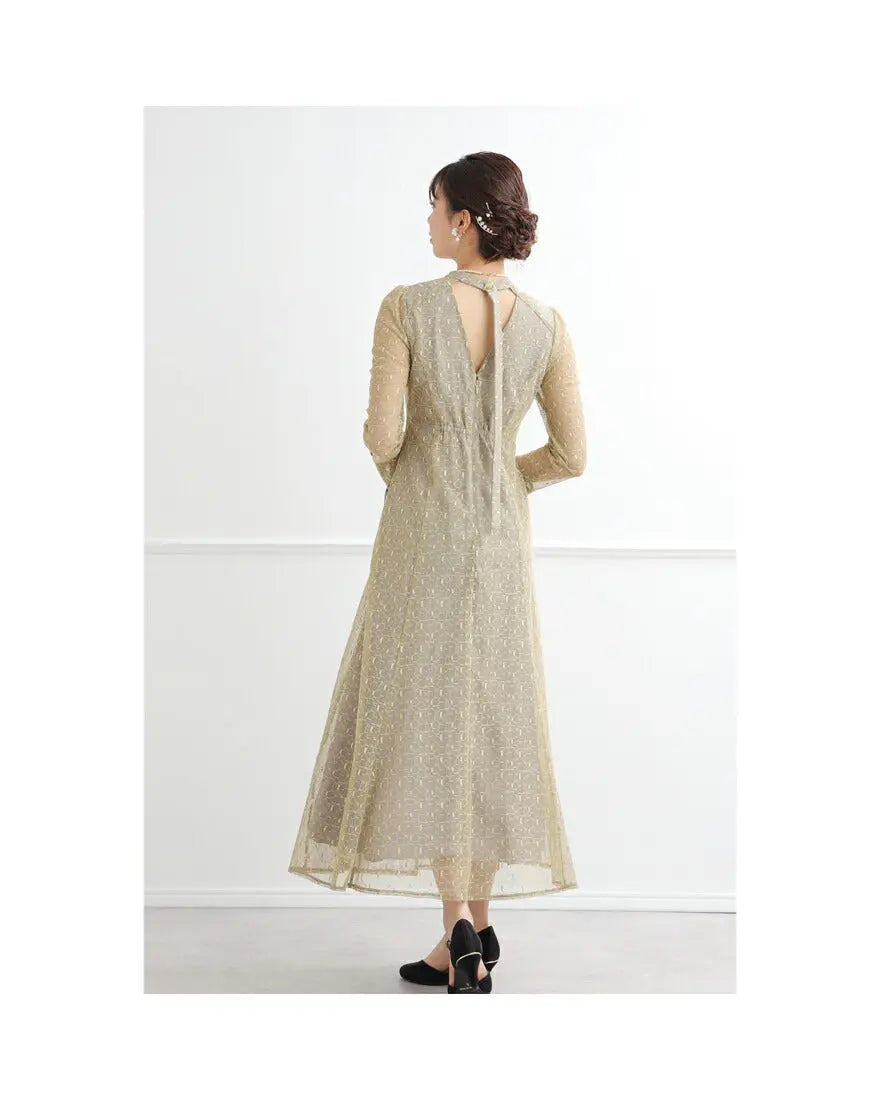 ドレスパーティードレス結婚式ワンピースお呼ばれロング春夏フォーマルプリーツパーティーレースロングドレス袖あり大きいサイズ