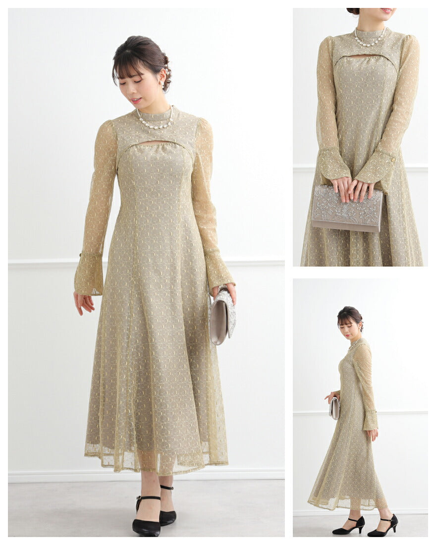 ドレスパーティードレス結婚式ワンピースお呼ばれロング春夏フォーマルプリーツパーティーレースロングドレス袖あり大きいサイズ