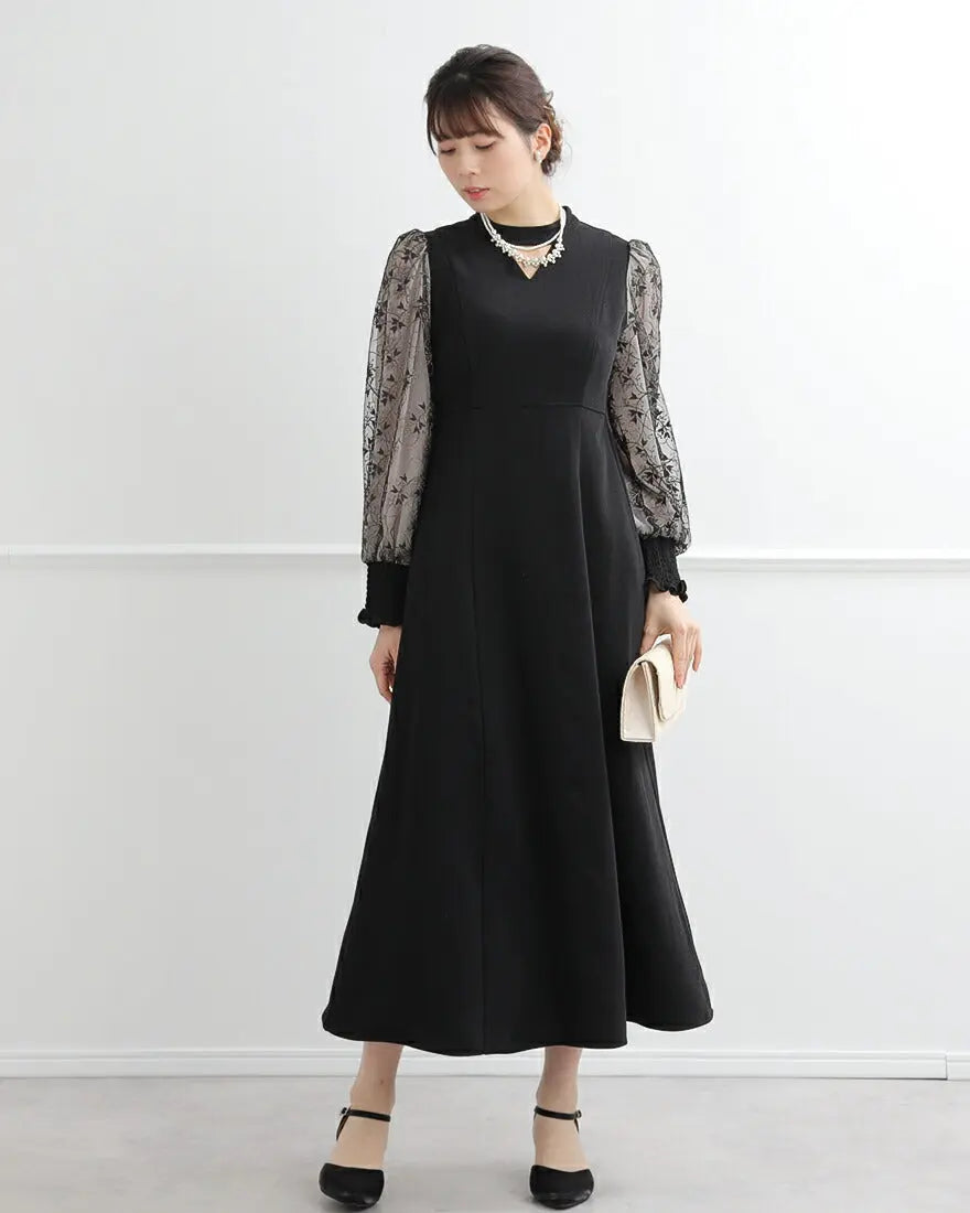 アシンメトリータックドレスパーティードレス結婚式ワンピースANDRESDアンドレスドお呼ばれロング秋冬フォーマルレースパーティーロングドレス袖ありかっこいい大きいサイズ