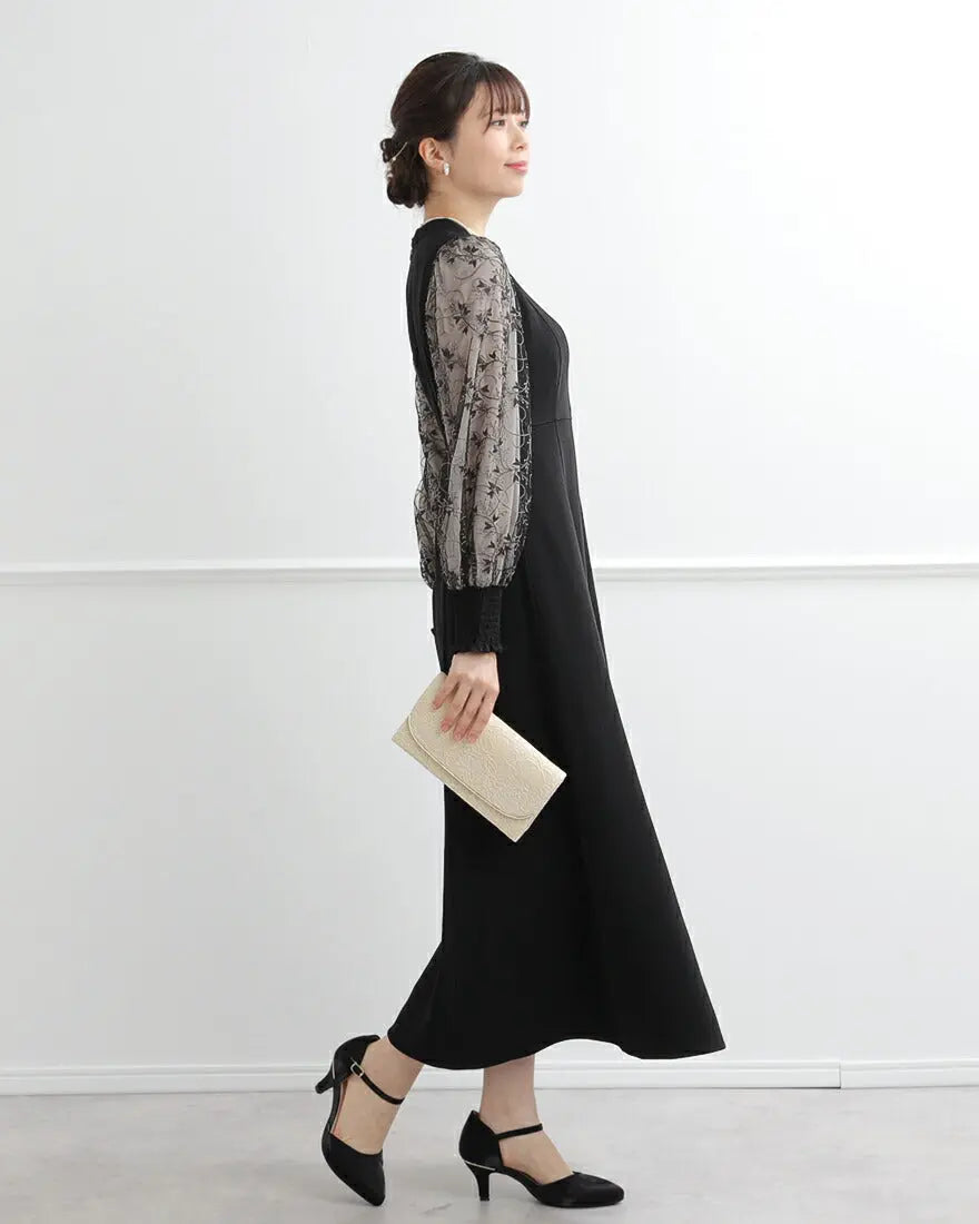 アシンメトリータックドレスパーティードレス結婚式ワンピースANDRESDアンドレスドお呼ばれロング秋冬フォーマルレースパーティーロングドレス袖ありかっこいい大きいサイズ