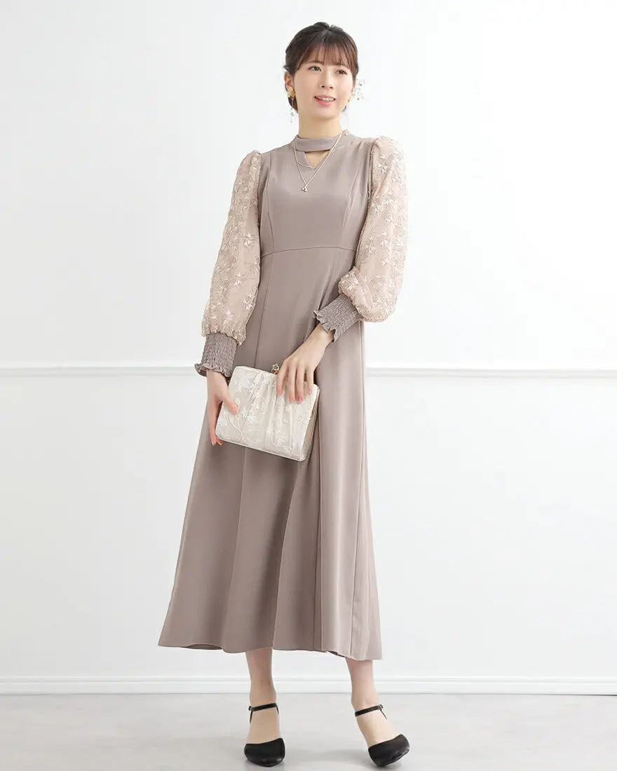 ドレスパーティードレス結婚式ワンピースお呼ばれロング春夏フォーマルプリーツパーティーレースロングドレス袖あり大きいサイズ