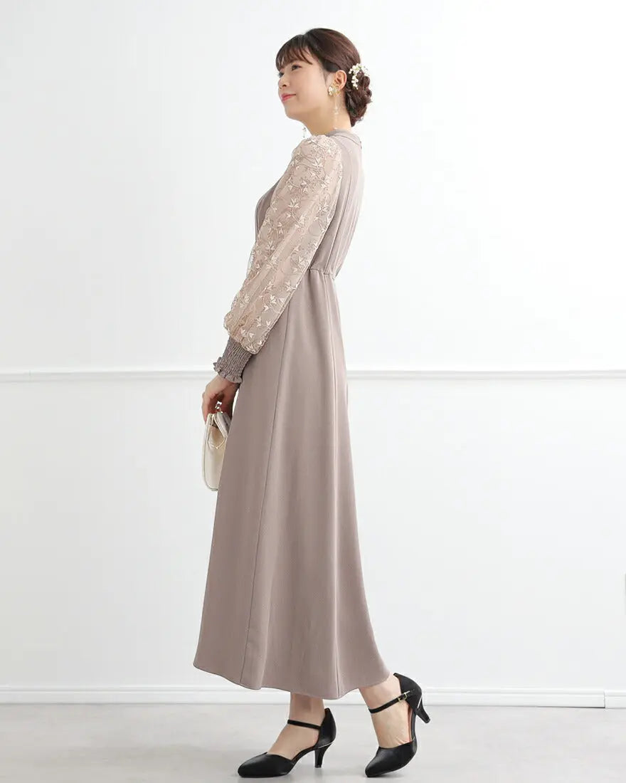 ドレスパーティードレス結婚式ワンピースお呼ばれロング春夏フォーマルプリーツパーティーレースロングドレス袖あり大きいサイズ