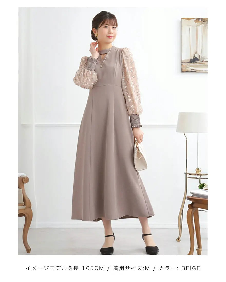 ドレスパーティードレス結婚式ワンピースお呼ばれロング春夏フォーマルプリーツパーティーレースロングドレス袖あり大きいサイズ