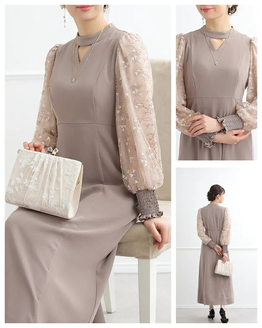 ドレスパーティードレス結婚式ワンピースお呼ばれロング春夏フォーマルプリーツパーティーレースロングドレス袖あり大きいサイズ