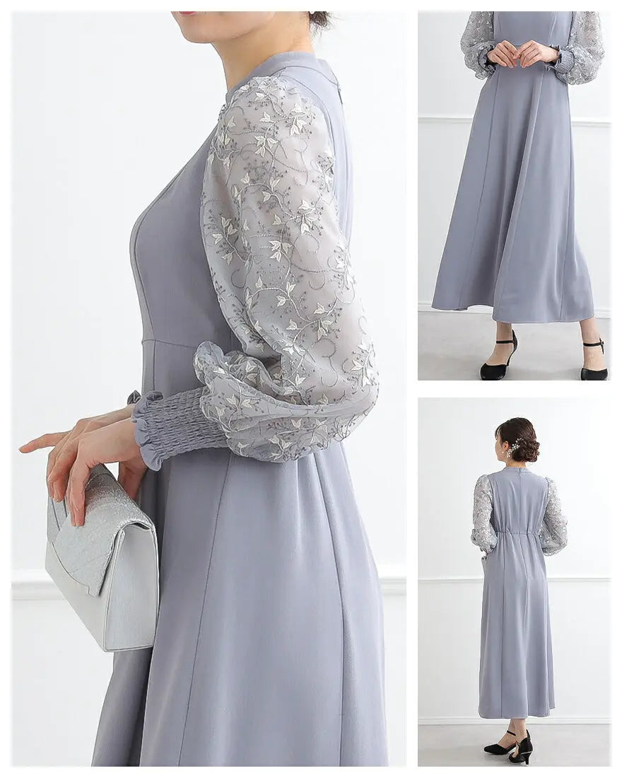 ドレスパーティードレス結婚式ワンピースお呼ばれロング春夏フォーマルプリーツパーティーレースロングドレス袖あり大きいサイズ