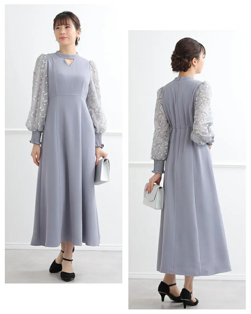 ドレスパーティードレス結婚式ワンピースお呼ばれロング春夏フォーマルプリーツパーティーレースロングドレス袖あり大きいサイズ