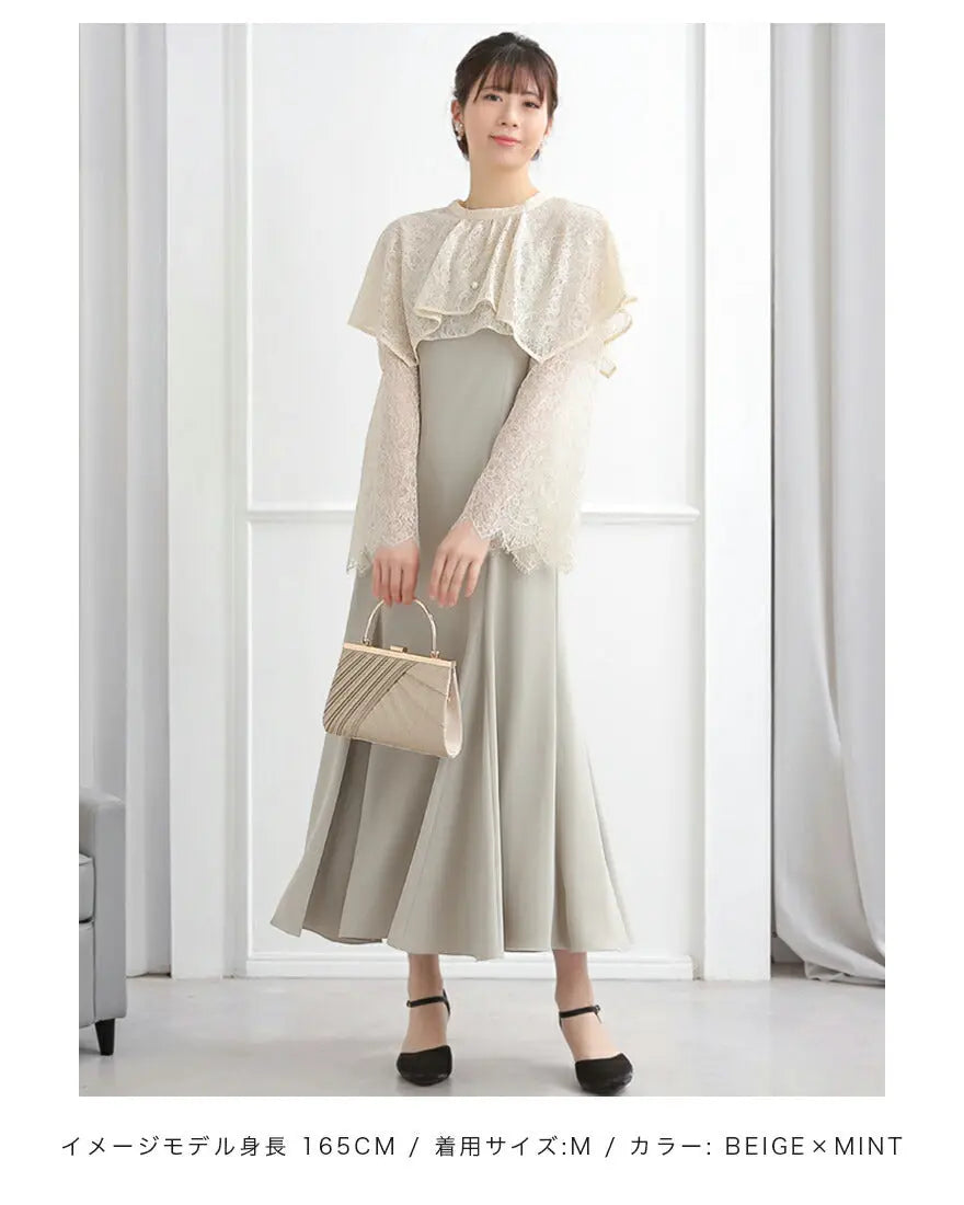 ドレスパーティードレス結婚式ワンピースお呼ばれロング春夏フォーマルプリーツパーティーレースロングドレス袖あり大きいサイズ