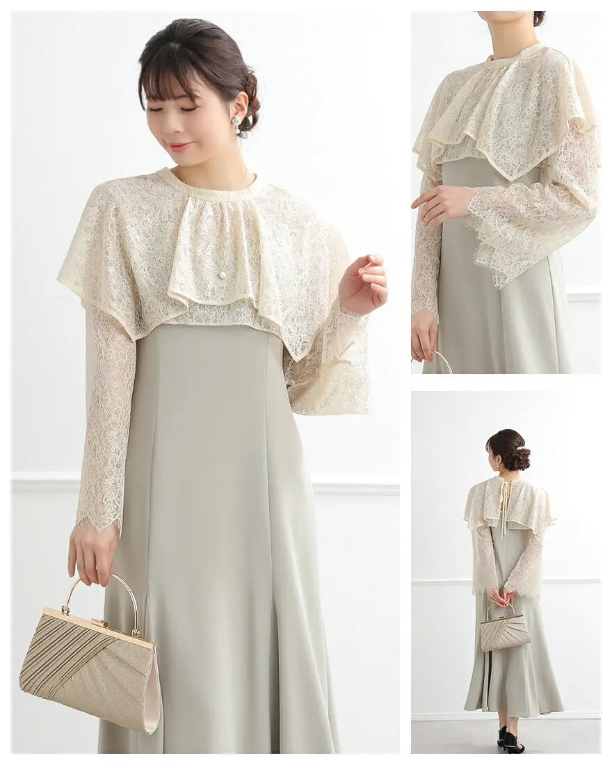 ドレスパーティードレス結婚式ワンピースお呼ばれロング春夏フォーマルプリーツパーティーレースロングドレス袖あり大きいサイズ