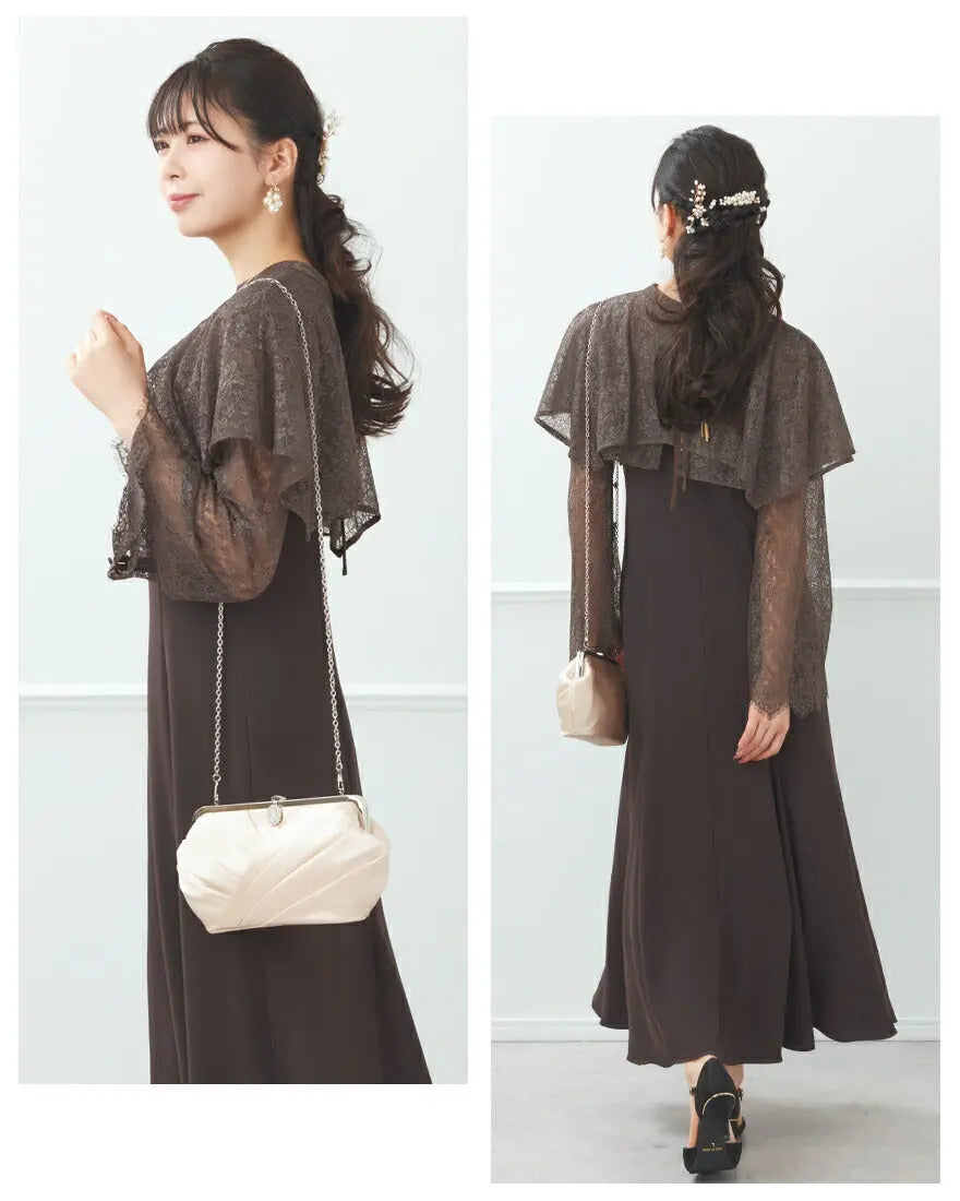 ケープとワンピースの2点セットのドレスワンピースパーティードレス結婚式ワンピースANDRESDアンドレスドお呼ばれロング秋冬フォーマルレースパーティーロングドレス袖ありかっこいい大きいサイズ