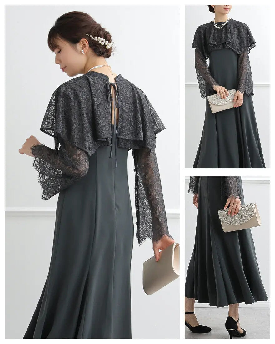 ドレスパーティードレス結婚式ワンピースお呼ばれロング春夏フォーマルプリーツパーティーレースロングドレス袖あり大きいサイズ