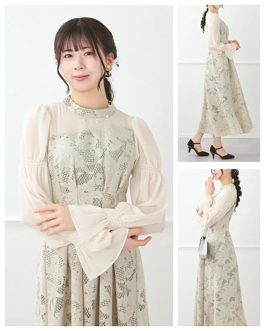 ドレスパーティードレス結婚式ワンピースお呼ばれロング春夏フォーマルプリーツパーティーレースロングドレス袖あり大きいサイズ