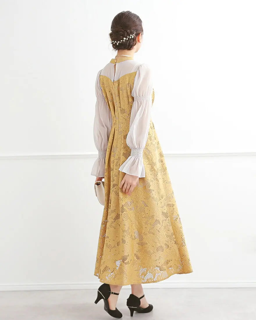 アシンメトリータックドレスパーティードレス結婚式ワンピースANDRESDアンドレスドお呼ばれロング秋冬フォーマルレースパーティーロングドレス袖ありかっこいい大きいサイズ