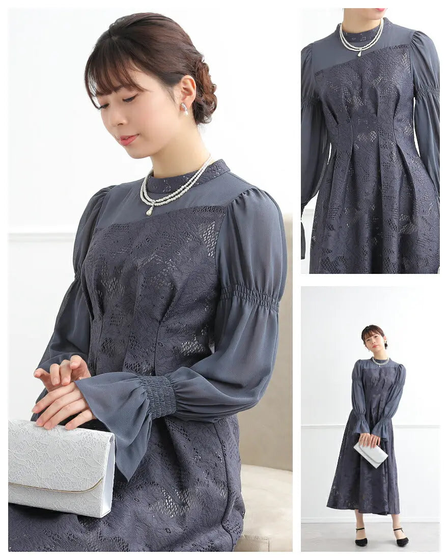 ドレスパーティードレス結婚式ワンピースお呼ばれロング春夏フォーマルプリーツパーティーレースロングドレス袖あり大きいサイズ