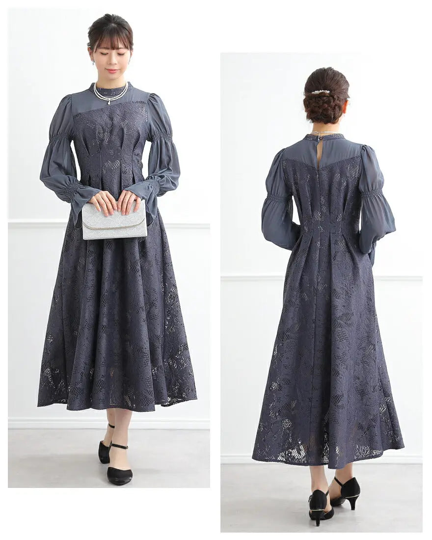 ドレスパーティードレス結婚式ワンピースお呼ばれロング春夏フォーマルプリーツパーティーレースロングドレス袖あり大きいサイズ