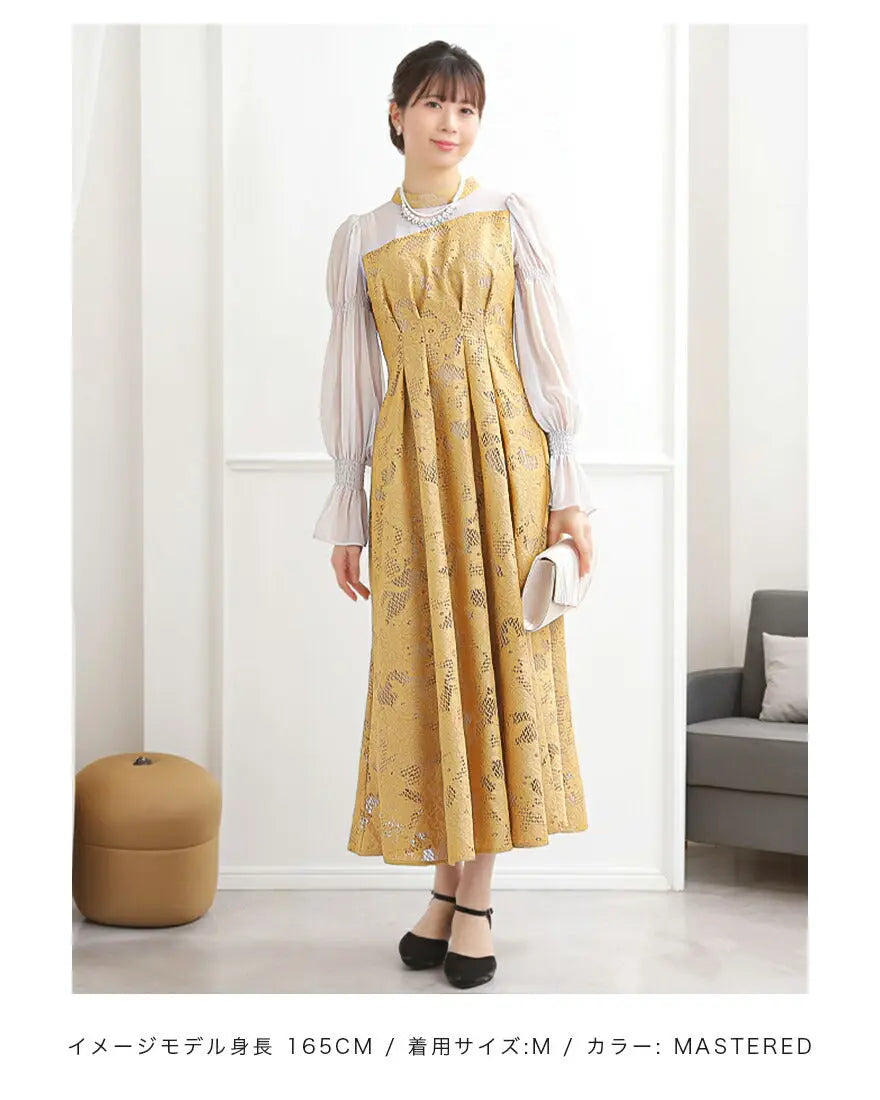 ドレスパーティードレス結婚式ワンピースお呼ばれロング春夏フォーマルプリーツパーティーレースロングドレス袖あり大きいサイズ